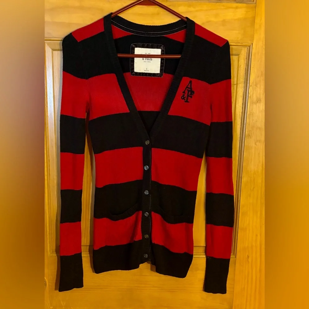 Abercrombie & Fitch Y2K Cardigan Sweater Sz Small Preppy Logo Stripe Red & Black